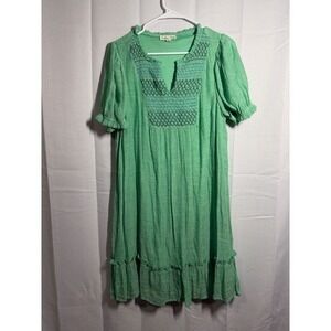 Indigo Rose Smocked Shift Dress PL Green Ruffle Hem Short Sleeve Petite Large‎